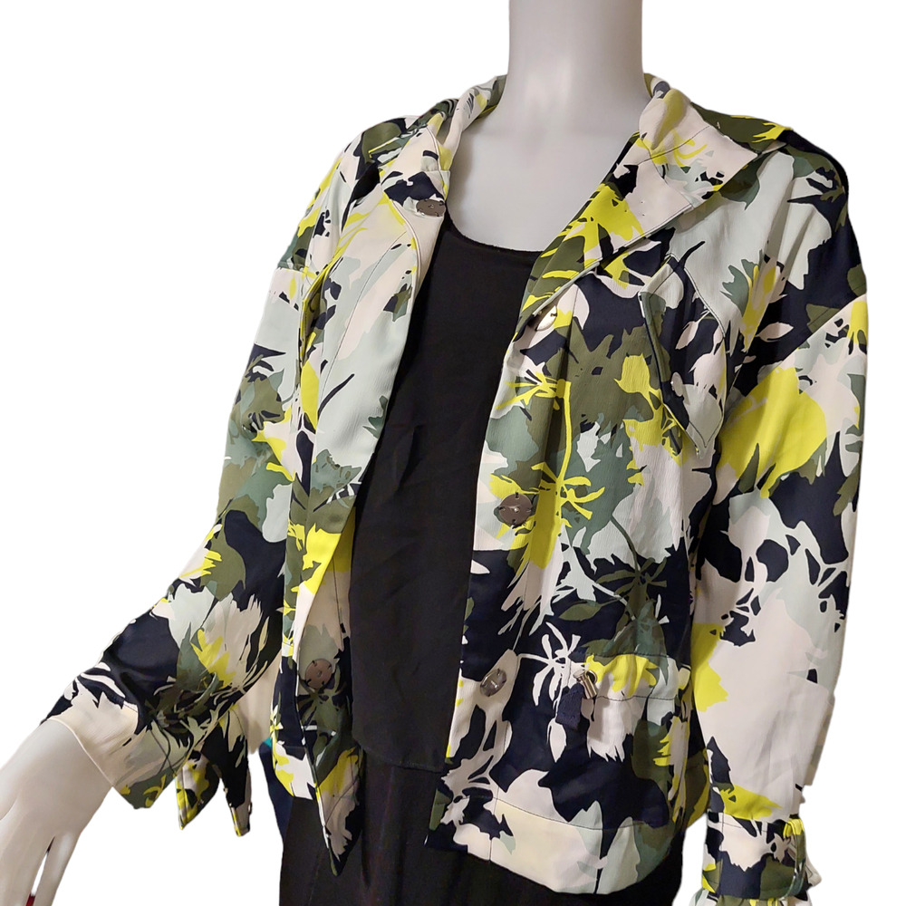 Ellen Tracy Womens Shacket Cinch Waist Jacket Yellow Black Art Paint Hoodie Sz 2